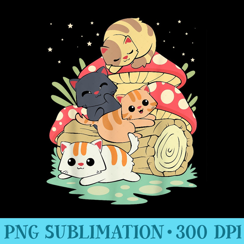Cottagecore Kawaii Cats Playing on Chibi Cute Mushroom - PNG Image Library Download - Unleash Your Creativity