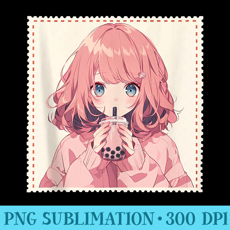 Cute Anime Girl Bubble Tea Postage Stamp Japanese Boba Milk - Shirt Clipart Free PNG - Unleash Your Creativity