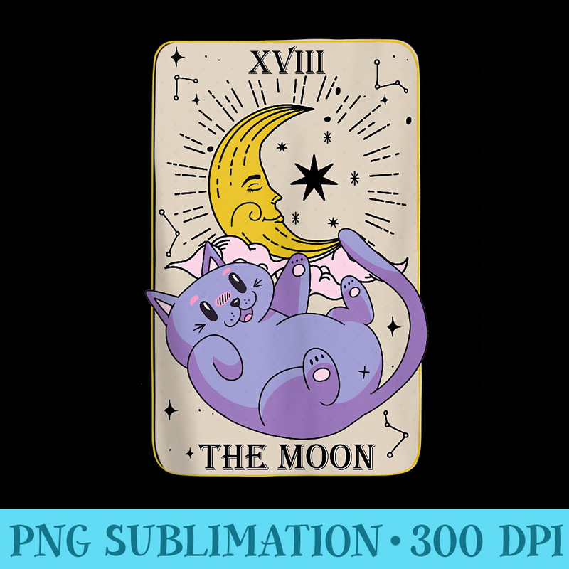 Tarot Card The Moon XVIII Kawaii Goth Pastel Cat Mystical - Mug Sublimation PNG - Vibrant and Eye-Catching Typography