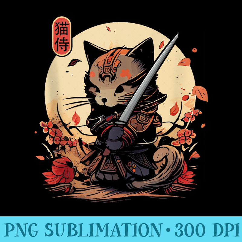 Japanese Samurai Cat Tattoo, Kawaii Ninja Cat - PNG Sublimation - Quick And Seamless Download Process