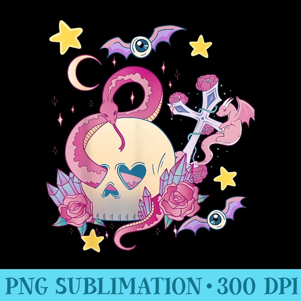 Creepy Kawaii Pastel Goth Occult Skull Snake Roses - Shirt Illustration PNG - Unique And Exclusive Designs