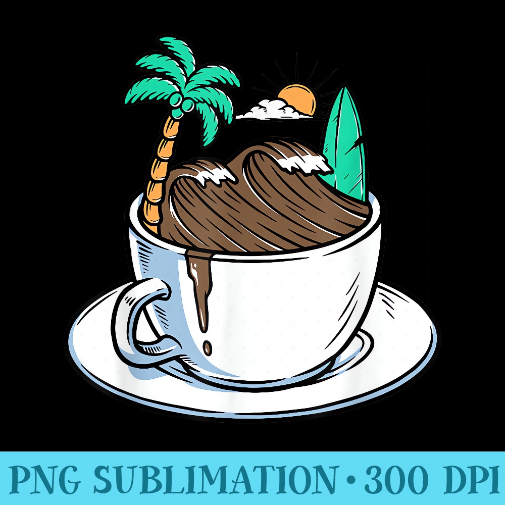Japanese Kawaii Great Wave Coffee Mug Beach Palm Tree Surf - Ready To Print PNG Designs - Eco Friendly And Sustainable Digital Products