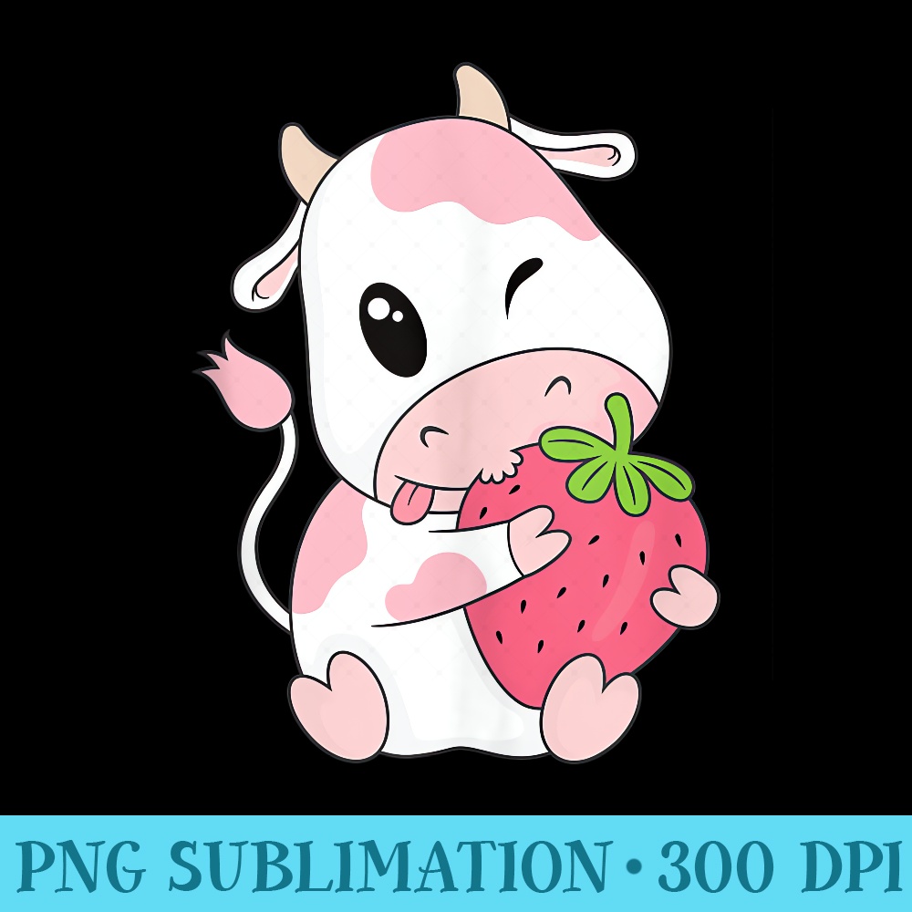Cute Pink Strawberry Cow Print Kawaii Animal - Shirt Print PNG - Eco Friendly And Sustainable Digital Products