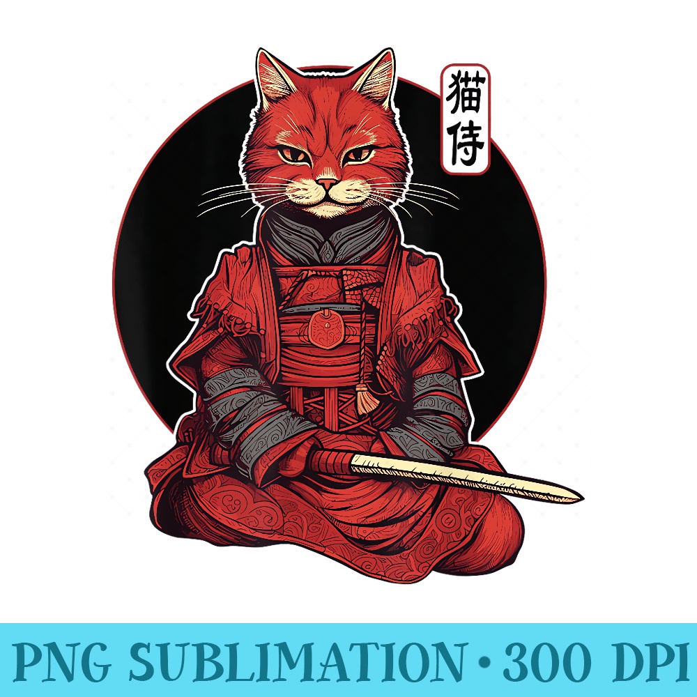 Japanese Samurai Cat Tattoo, Kawaii Ninja Cat , Girls - Shirt Vector Art - Instantly Transform Your Sublimation Projects