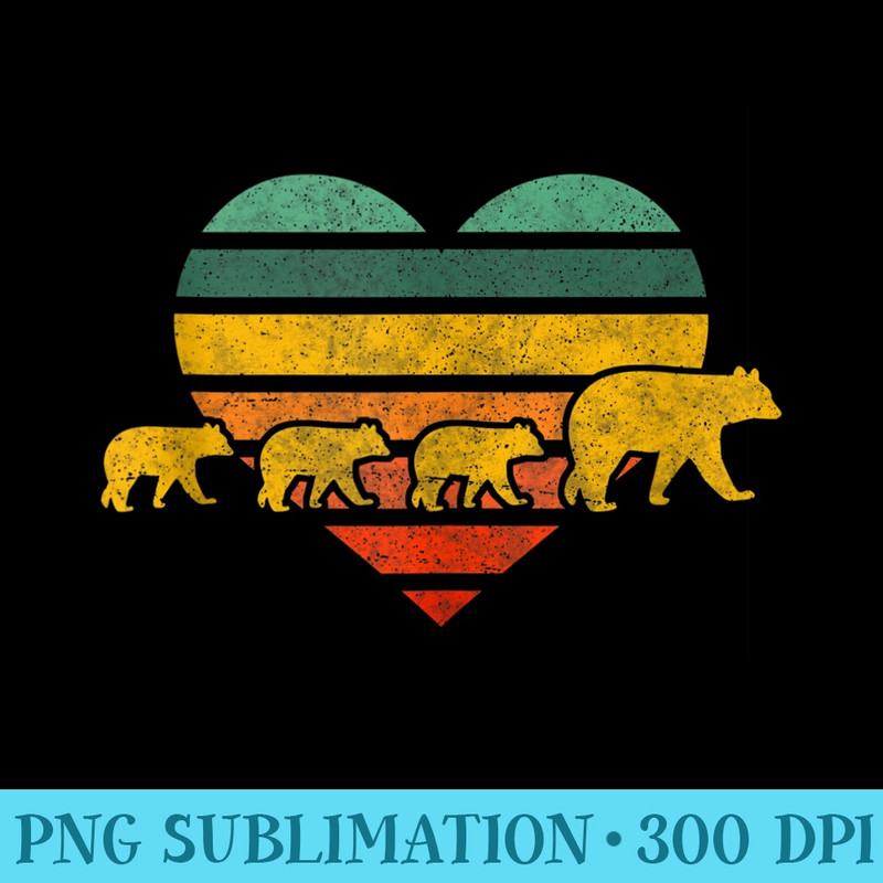Mama Bear Three Cubs Retro Heart Mothers Day - Download High Resolution PNG - High Resolution And Print-Ready Designs