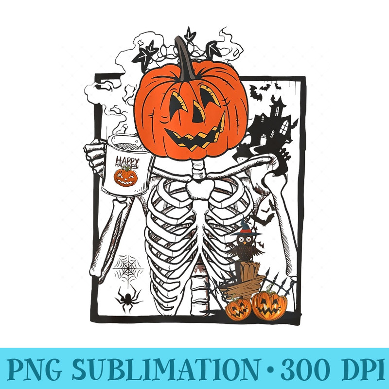 Halloween Pumpkin Skeleton Drinking Coffee - Download High Resolution PNG - Perfect for Sublimation Art