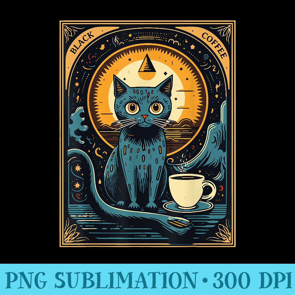 Black Coffee Cat Tarot Card Occult - Download High Resolution PNG - Limited Edition And Exclusive Designs