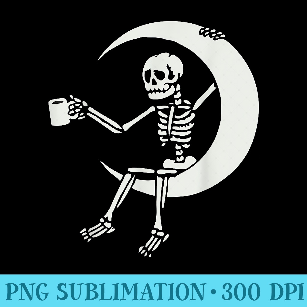 Halloween Coffee Drinking Skeleton Skull Sitting On The Moon - High Resolution PNG File - Easy-To-Print And User-Friendly Designs