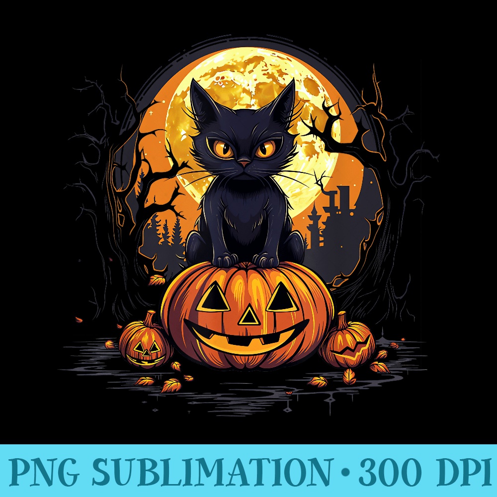 Full Moon Halloween Scary Black Cat Pumpkins Womens - PNG Download - Perfect for Creative Projects