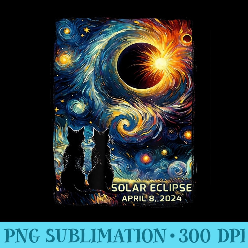 Total Solar Eclipse Black Cat Astronaut Starry Night Style - Ready To Print PNG Designs - Instantly Transform Your Sublimation Projects