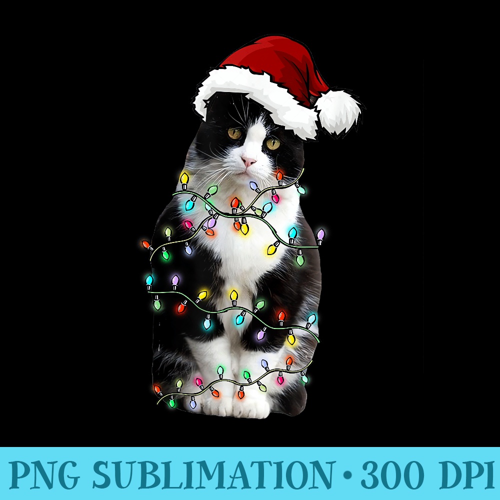 Cute Tuxedo Black Cat Christmas Light Cat Christmas Pajama - Modern PNG designs - Stunning Sublimation Graphics