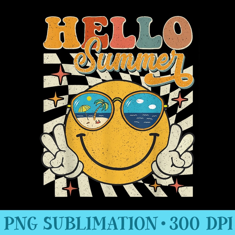 Retro Groovy Hello Summer Smile Face Hello Beach Vacation - High Resolution PNG Designs - High Resolution And Print-Ready Designs