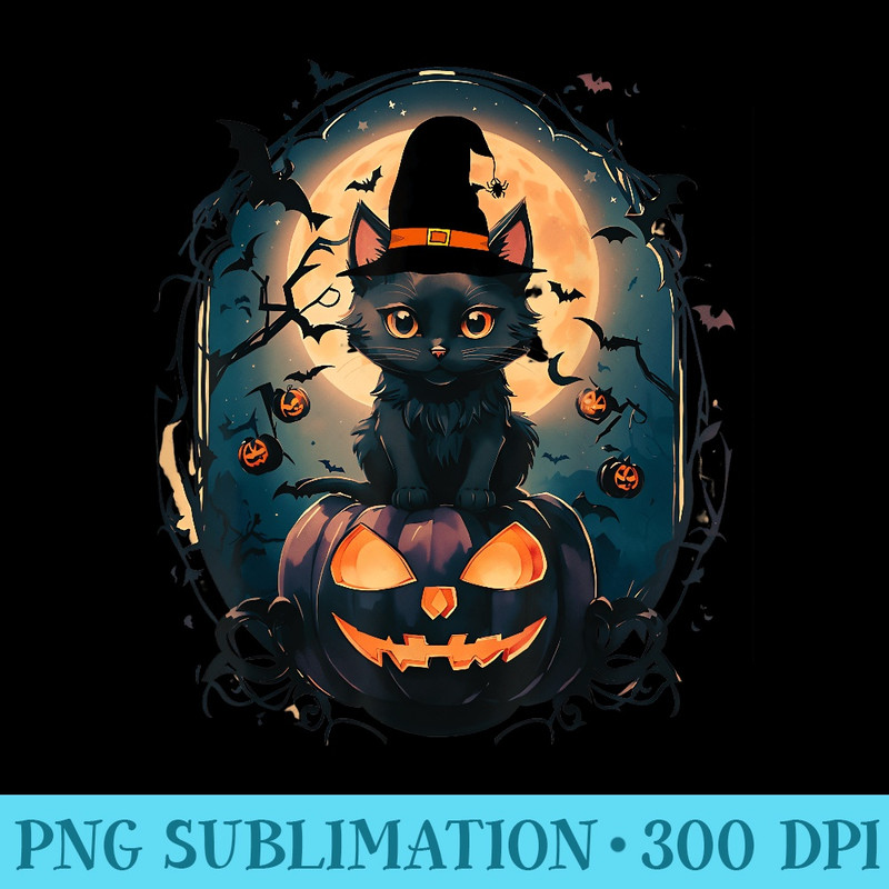 Black Cat with Witch Hat, Candle and Scary Pumpkin Halloween - PNG Graphics - Defying the Norms
