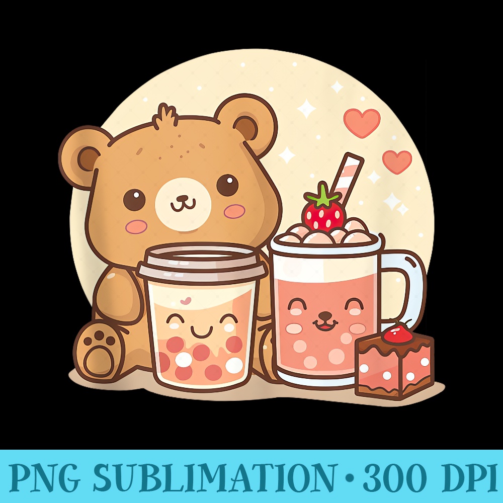 Cute Kawaii Anime Bear Drinking Boba Tea and Strawberry Cake - PNG Image Download - Limited Edition And Exclusive Designs