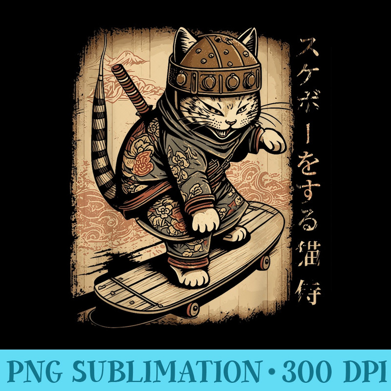 Japanese Skateboard Samurai Cat Tattoo, Kawaii Ninja Cat - Casual Shirt PNG - Lifetime Access To Purchased Files