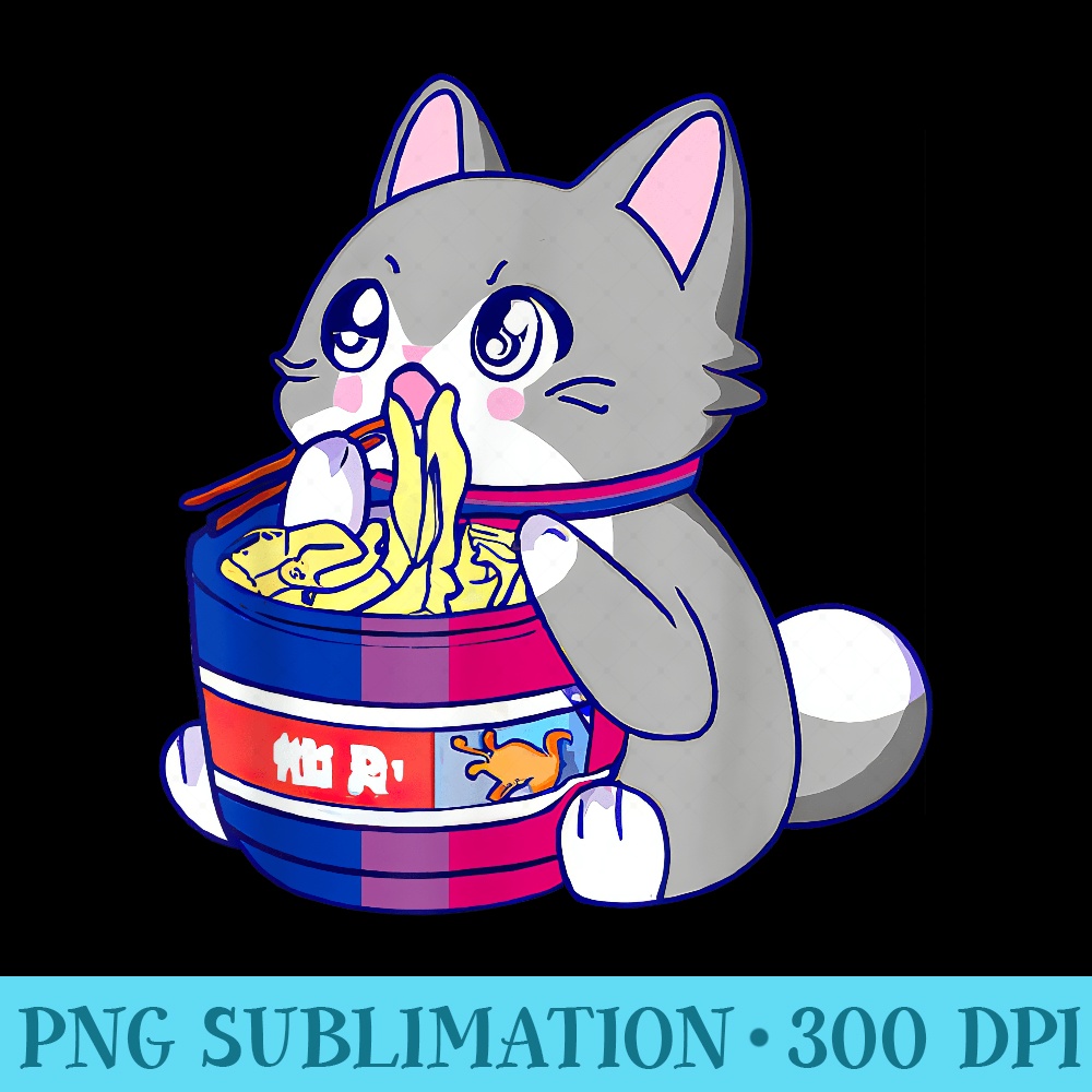 Kawaii Cat with Bisexual Flag in Anime with Ramen Noodles - Sublimation patterns PNG - High Resolution And Print-Ready Designs