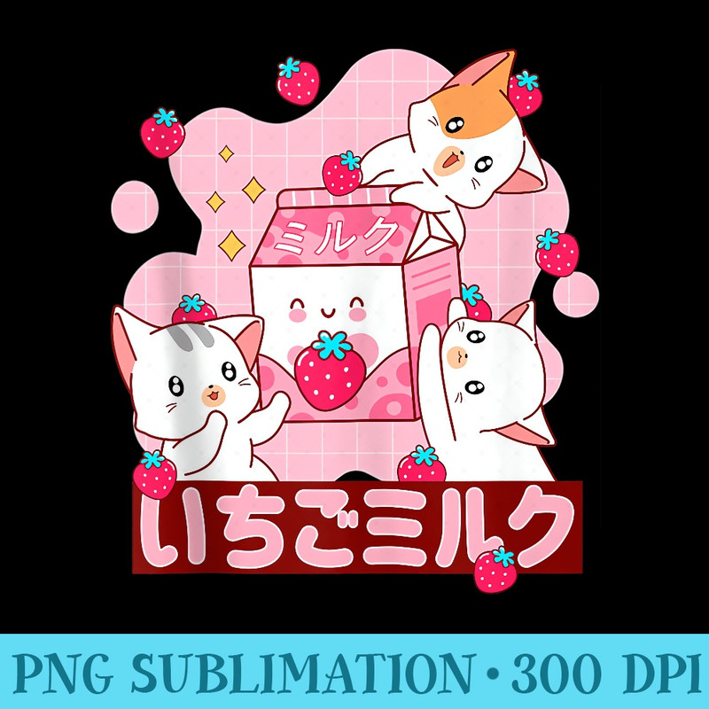 Pink Strawberry Milk Japanese Kawaii Cat - Sublimation clipart PNG - Perfect for Creative Projects
