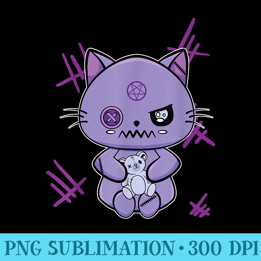 Cute Black Cat Anime Feline Goth Teddy Bear - Sublimation clipart PNG - Spice Up Your Sublimation Projects