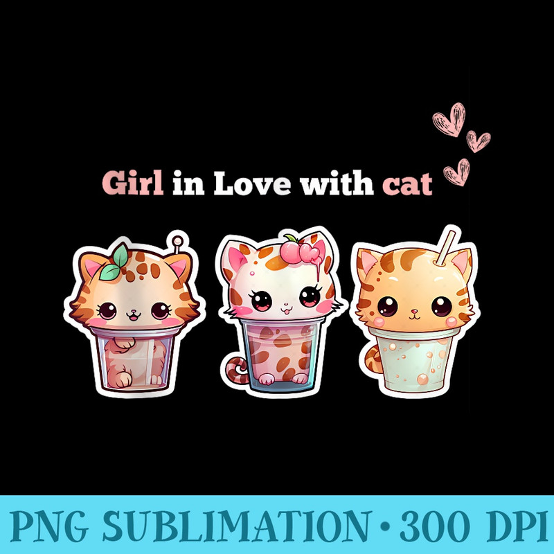 Girl in Love with cat Boba Bubble Milk Tea Kawaii Anime - Sublimation backgrounds PNG - Instant Access To Downloadable Files