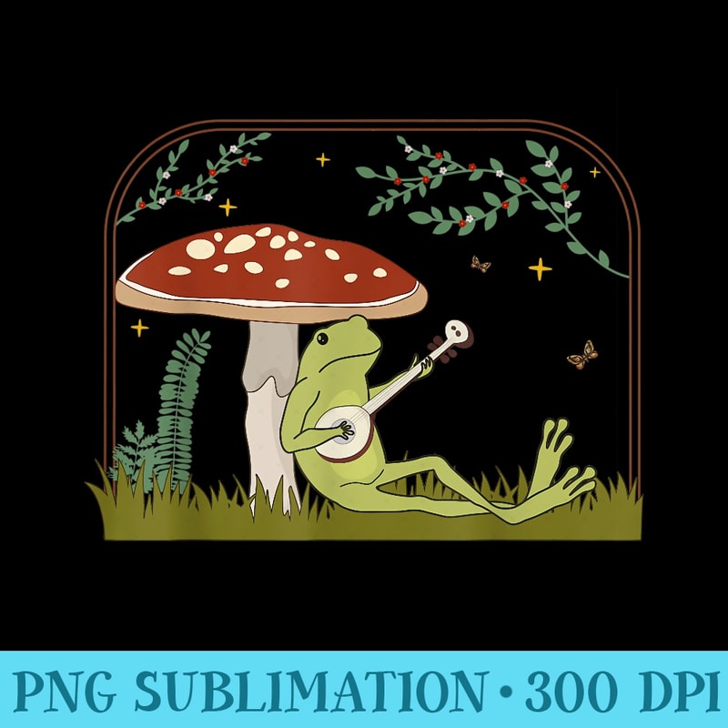 Cottagecore Aesthetic kawaii Frog Playing Banjo Mushroom - Sublimation PNG download - Instant Access To Downloadable Files