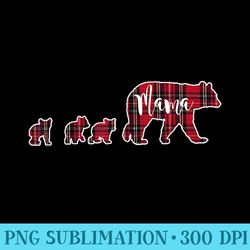 mama bear with 3 three cubs red black plaid - png download high quality