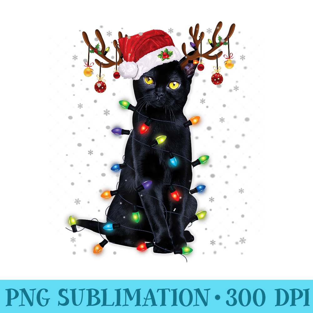 Black Cat Christmas Tree Light Santa Cat Lover Funny Holiday - PNG Templates - Enhance Your Apparel with Stunning Detail