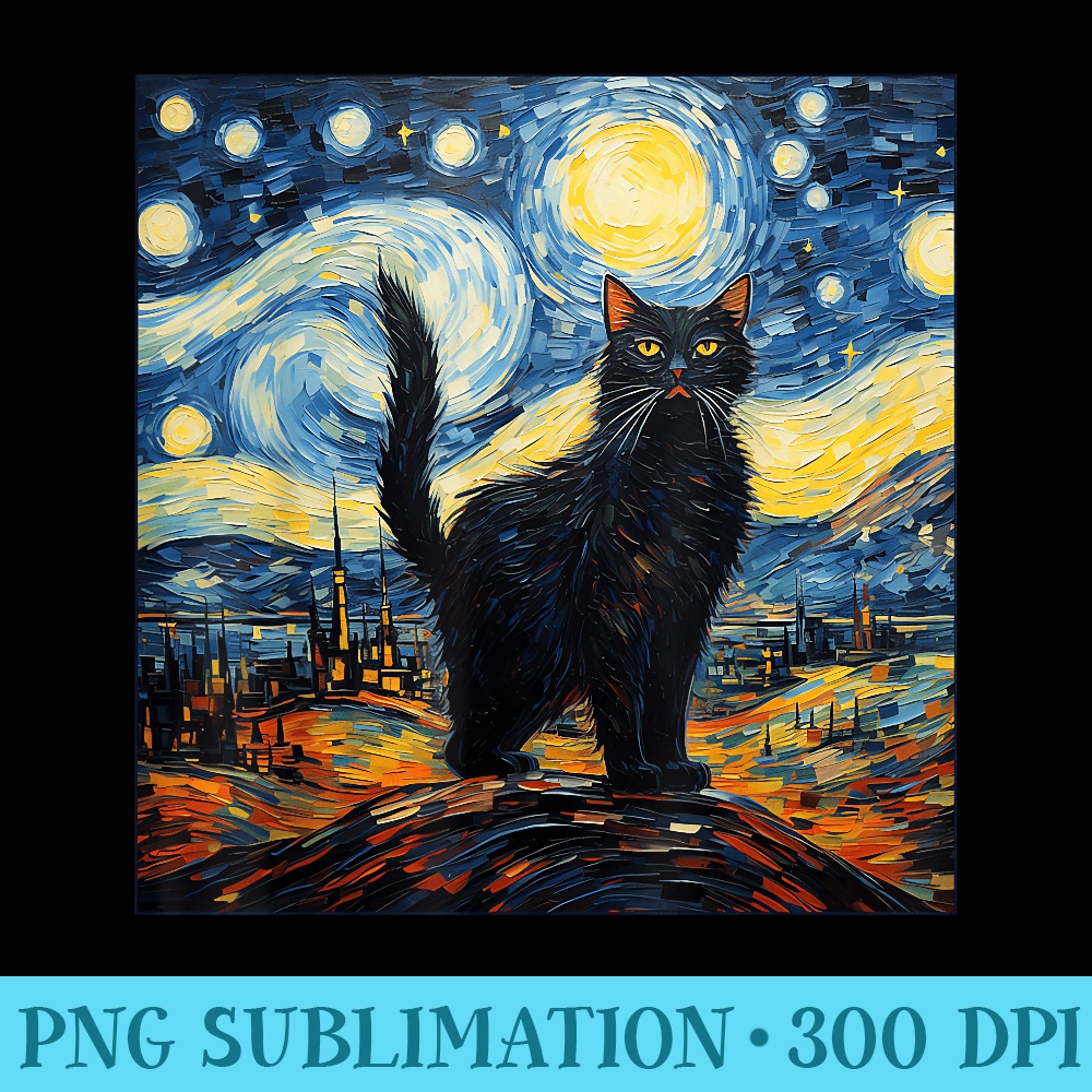 Van Gogh Starry Night Black Cat for Cats Lover Mom Dad - Digital PNG Artwork - Stunning Sublimation Graphics