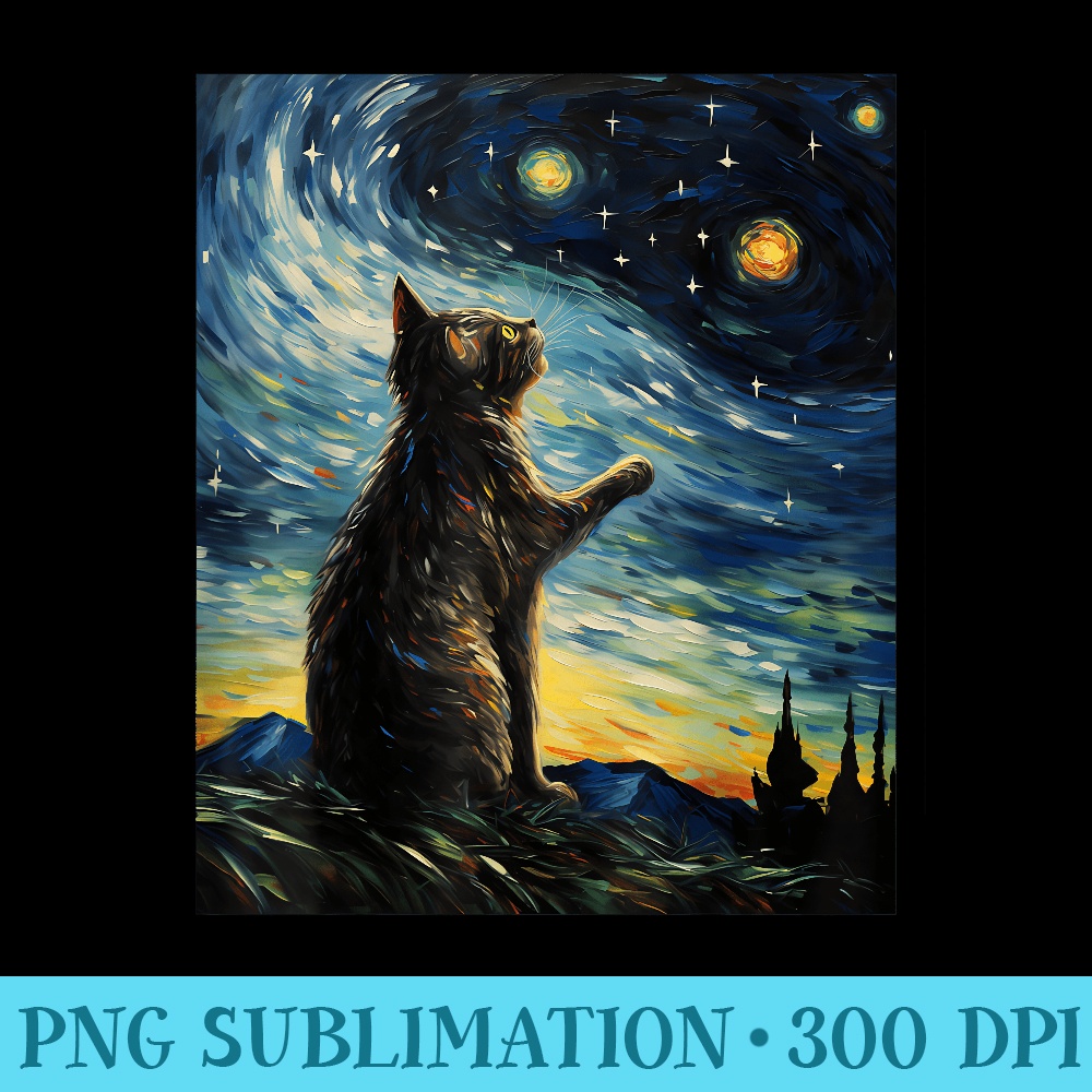 Vincent Van Gogh Starry Night Cat Funny Black Cat Lover Crew - PNG Download - Perfect for Personalization