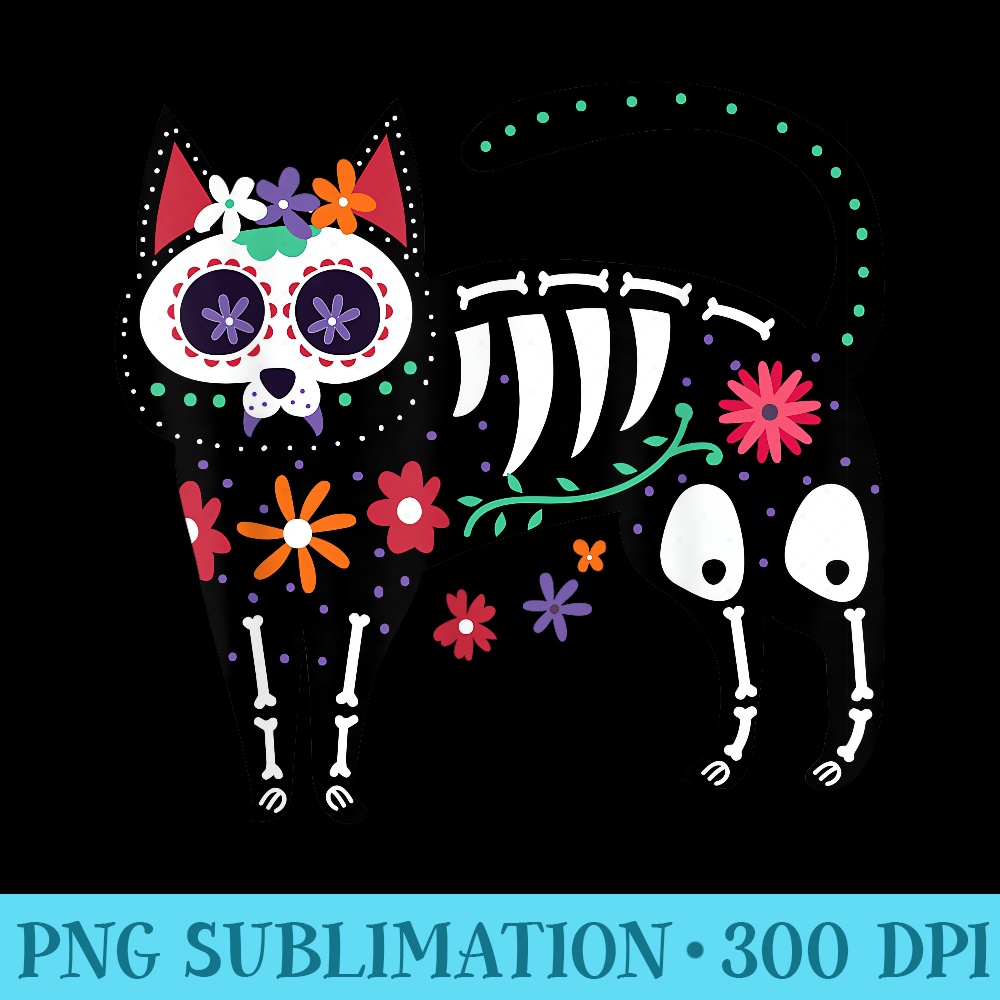 Sugar Skull Black Cat Day of Dead Cute Mexican Skeleton - Digital PNG Artwork - Bold & Eye-catching