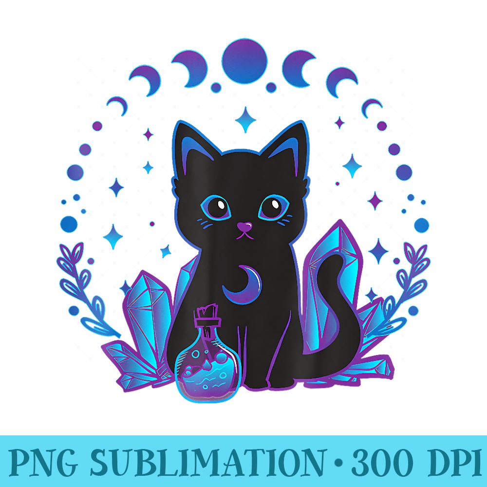 Cute Witchy Black Cat Crystal Alchemy Kawaii Pastel Goth - Printable PNG Images - Bold & Eye-catching
