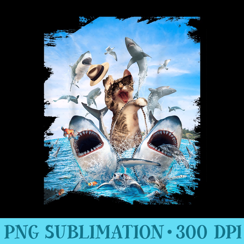 Cat Riding Shark, Beach Ocean Cats Sharks, Sunglasses Funny - Unique Sublimation PNG Download - Unleash Your Inner Rebellion