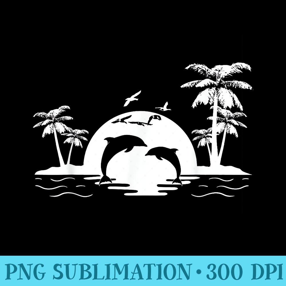 2 Dolphins Jumping Beach Sunset Island - Trendy PNG Designs - Perfect for Sublimation Art