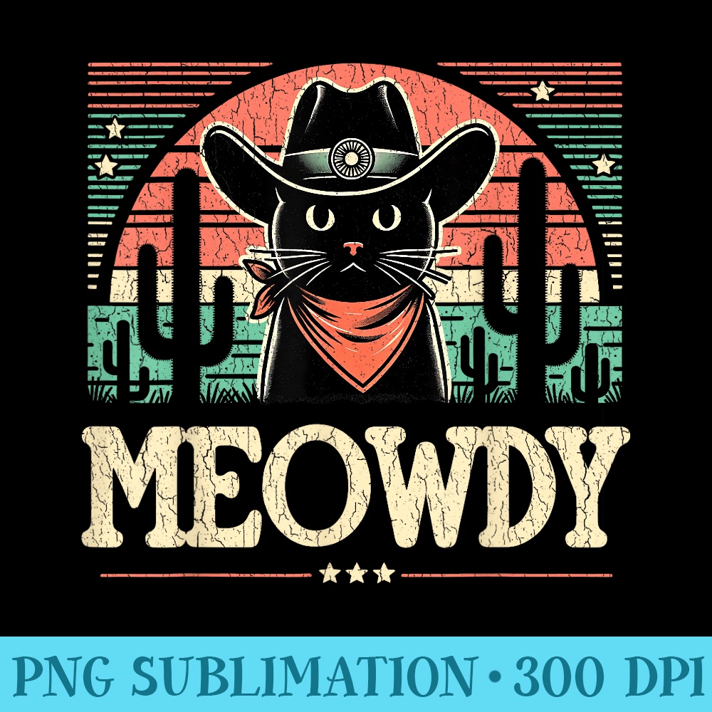 Meowdy Black Cat Retro Cacti u2013 Howdy Funny Country Western - Digital PNG Downloads - Perfect for Personalization