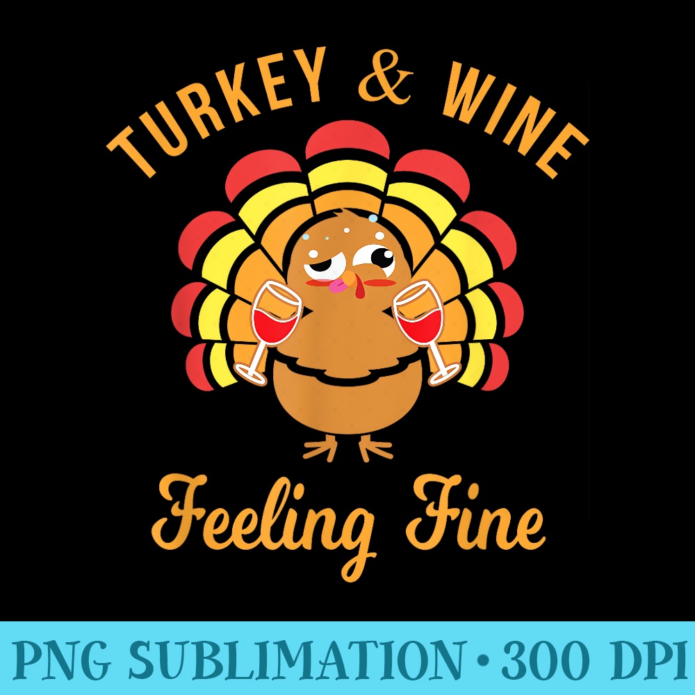 Turkey Wine Feeling Fine Funny Thanksgiving T - Shirt Print PNG - Vibrant and Eye-Catching Typography