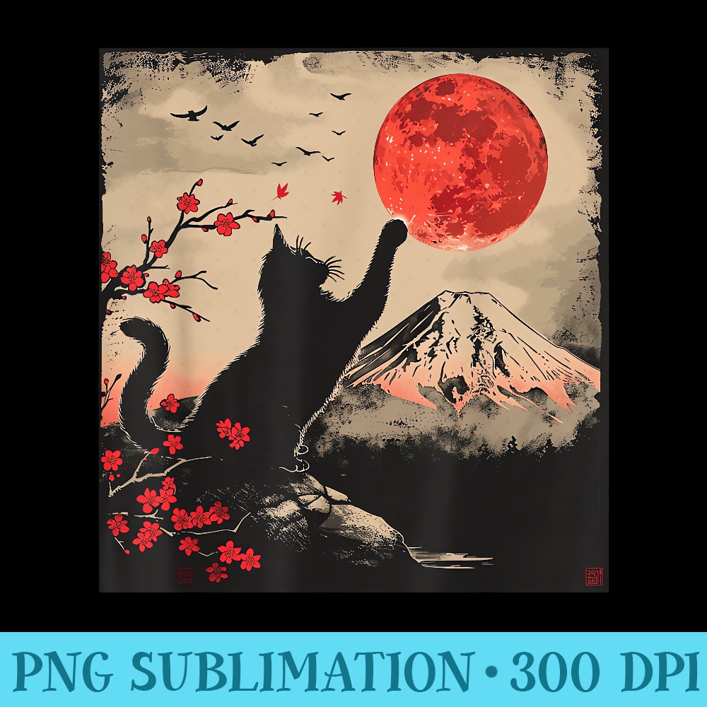 Vintage Japan Art Japanese Theme Retro Print Black Cat - PNG design assets - Premium Quality PNG Artwork