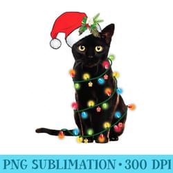 santa black cat tangled up in christmas tree lights holiday - trendy png designs