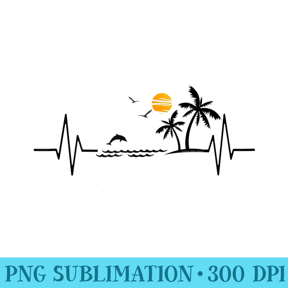 Heartbeat with Tropical Palm Trees Beach Island and Dolphin - Digital PNG Downloads - Unleash Your Inner Rebellion