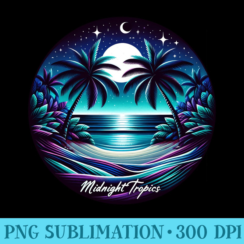 Twilight Palms Moonrise Over Beach Serene Tropical Scene - Printable PNG Graphics - Stunning Sublimation Graphics