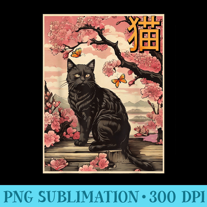 Cherry Blossom Black Cat Vintage Japanese Woodblock Art - Ready To Print PNG Designs - High Resolution And Print-Ready Designs