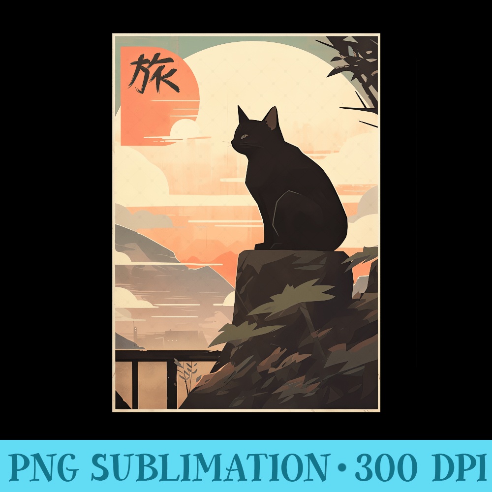 Vintage Japanese Scenery Kanji Writing Journey Black Cat Sweatshirt - PNG Prints - Instant Access To Downloadable Files