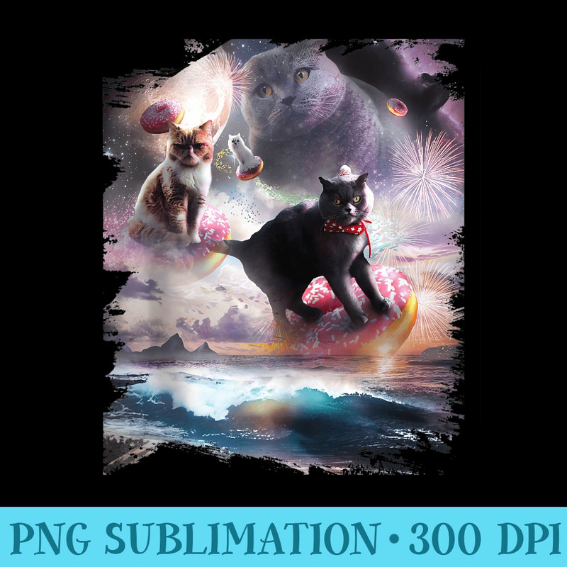 Space Cats Cat Riding Donut Donuts Over Beach Fireworks - Exclusive PNG designs - Perfect for Creative Projects