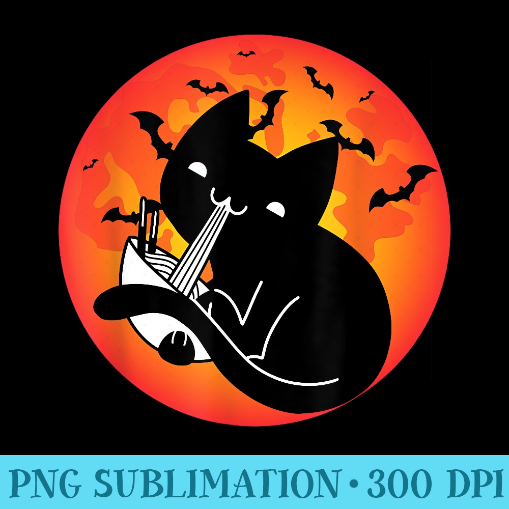 Halloween Black Cat Eats Ramen - Printable PNG Graphics - Trendsetting And Modern Collections