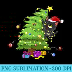 santa black cat tangled up in christmas tree lights holiday - png prints