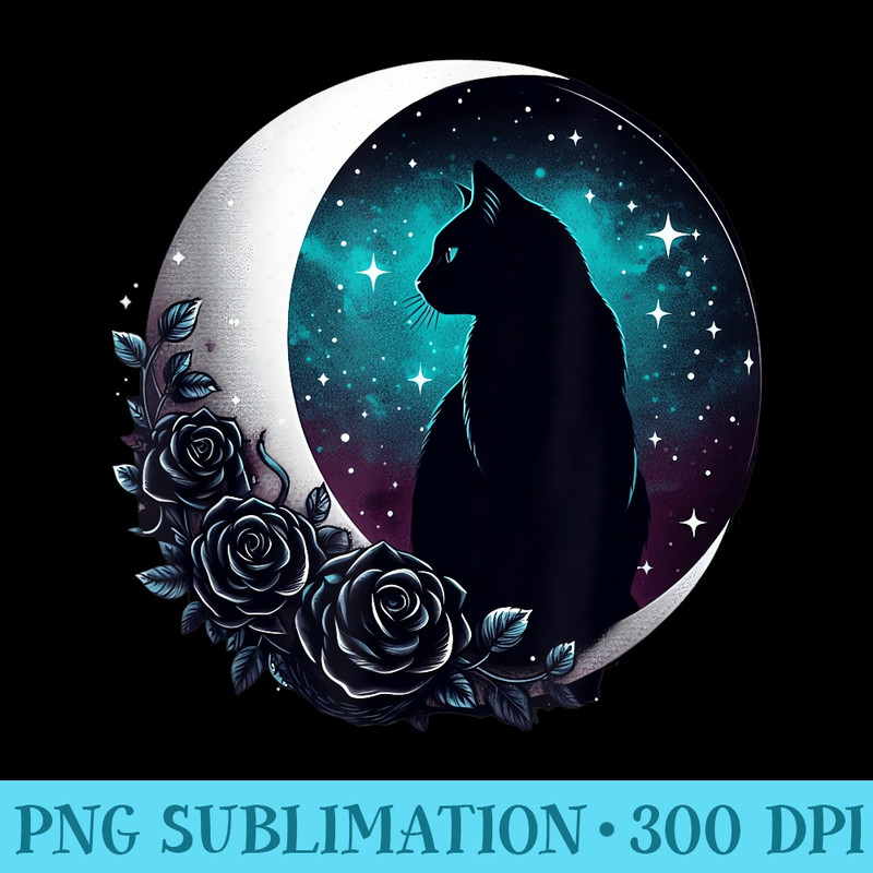 Black Cat Crescent Moon with Stars and Roses Midnight Cat - High Quality PNG Files - Revolutionize Your Designs