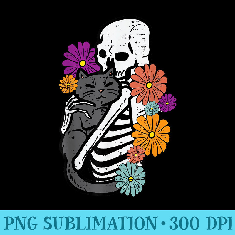 Skeleton Hugging Black Cat Flowers Halloween Women Girls - Printable PNG Graphics - Transform Your Sublimation Creations