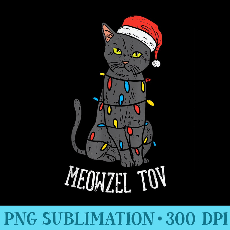 Meowzel Tov Hanukkah Black Cat Christmas Lights Pet - Unique Sublimation patterns - Enhance Your Apparel with Stunning Detail