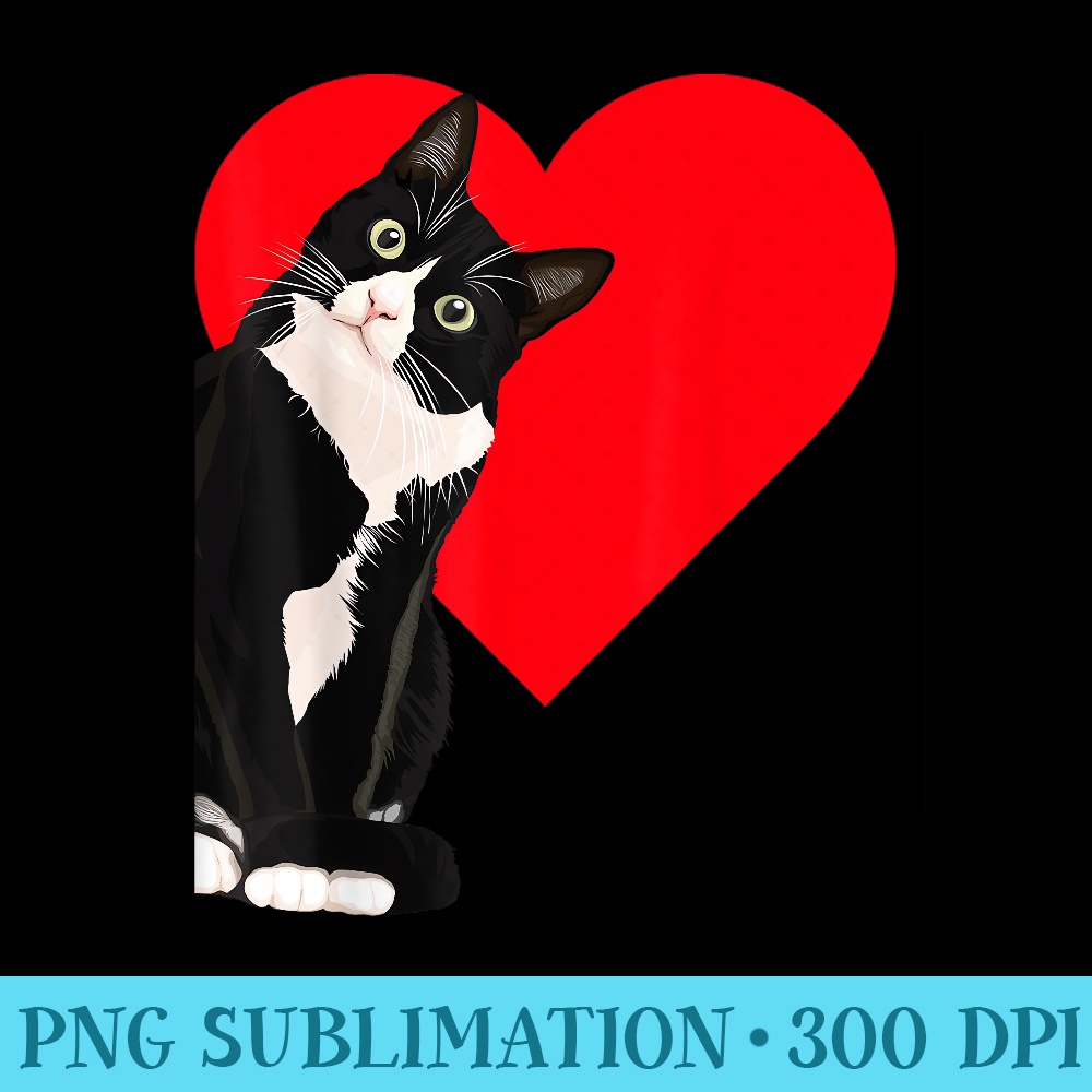 Funny Black Cat Valentines Day Heart Tuxedo Cat Lover - PNG Graphics - Perfect for Sublimation Art