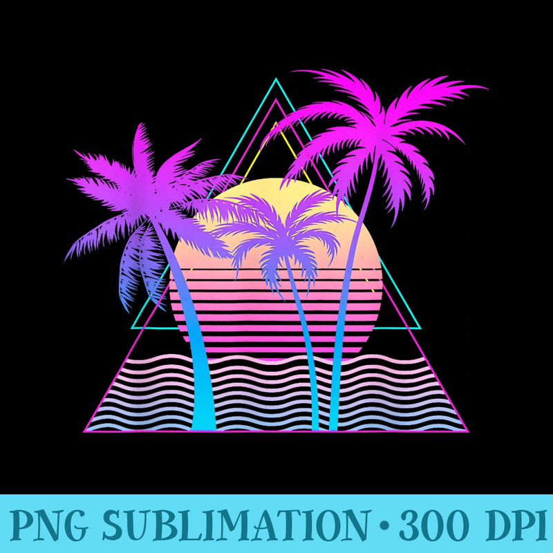 Retro 1980s 1990s Vaporwave Palm Trees Beach Sunset Surf Art - Unique PNG Artwork - Bold & Eye-catching