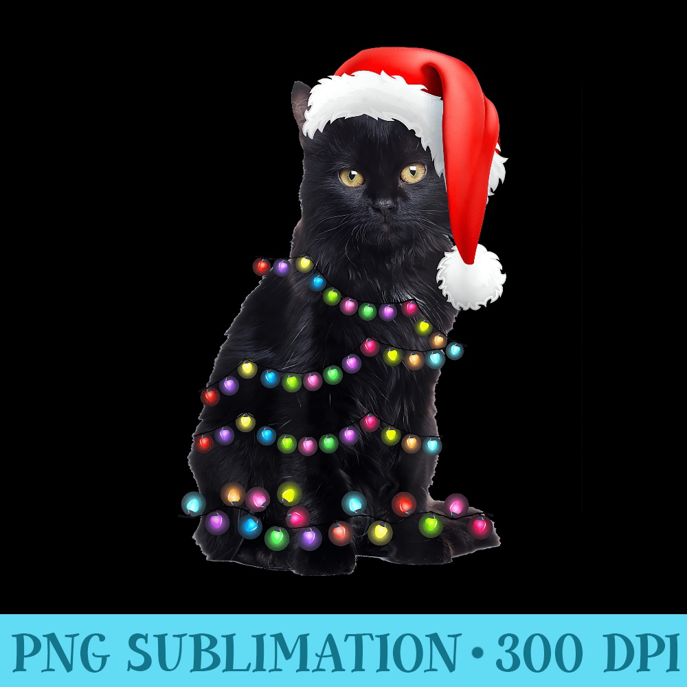 Black Cat christmas light funny cat lover christmas Pajama - High Resolution PNG Designs - Perfect for Sublimation Mastery