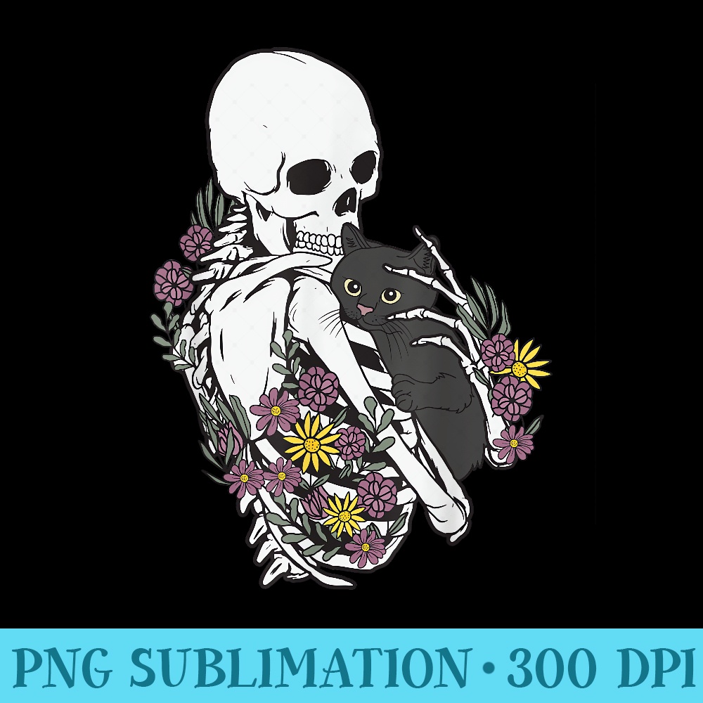Skeleton Hugging Cat, Flowers Skeleton, Black Cat - Mug Sublimation PNG - High Resolution And Print-Ready Designs